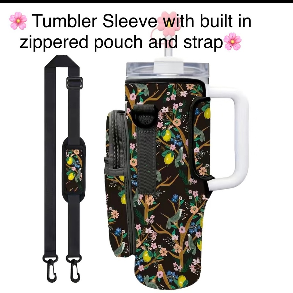 New Tumbler Sleeve with Adjustable Strap & Attached  Zippered Pouch